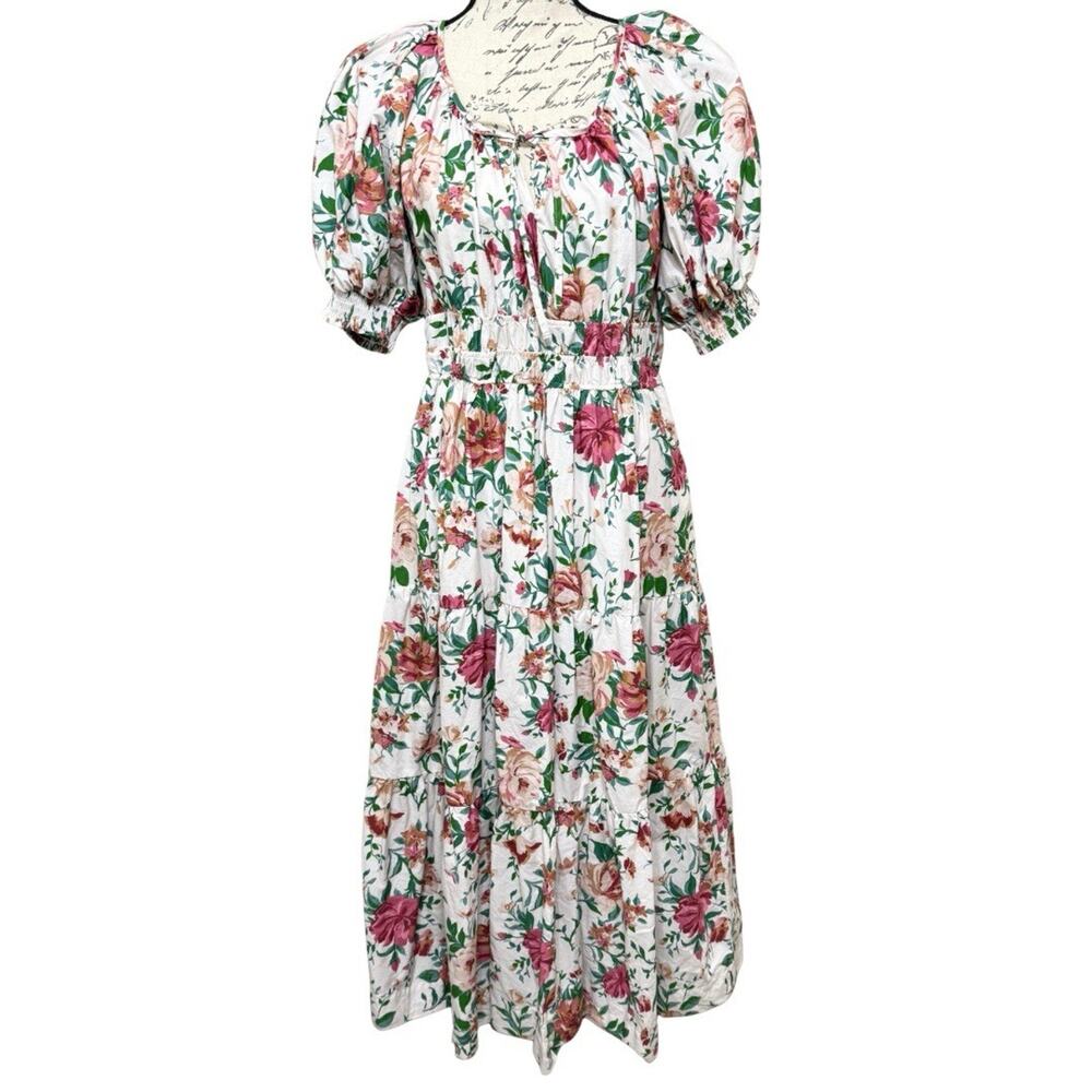 Anthropologie THE SOMERSET Maxi Dress Size MP Petite White Multi Floral Tiered